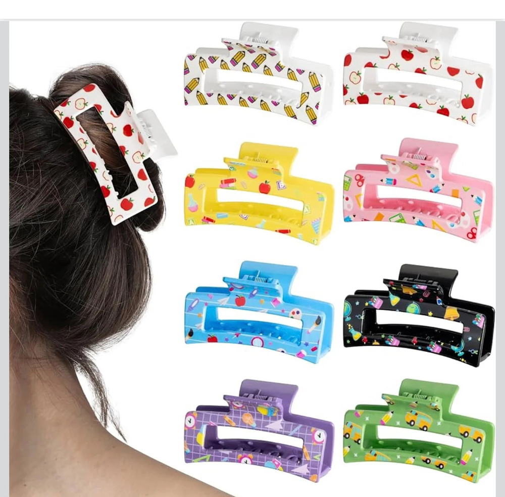 Hair Claw Clips 8 Pack School Teacher Print Large Clips Thick Hair